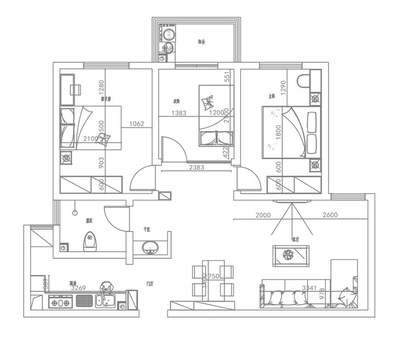 芙蓉花园120平方三室两厅现代简约装修案例效果图设计